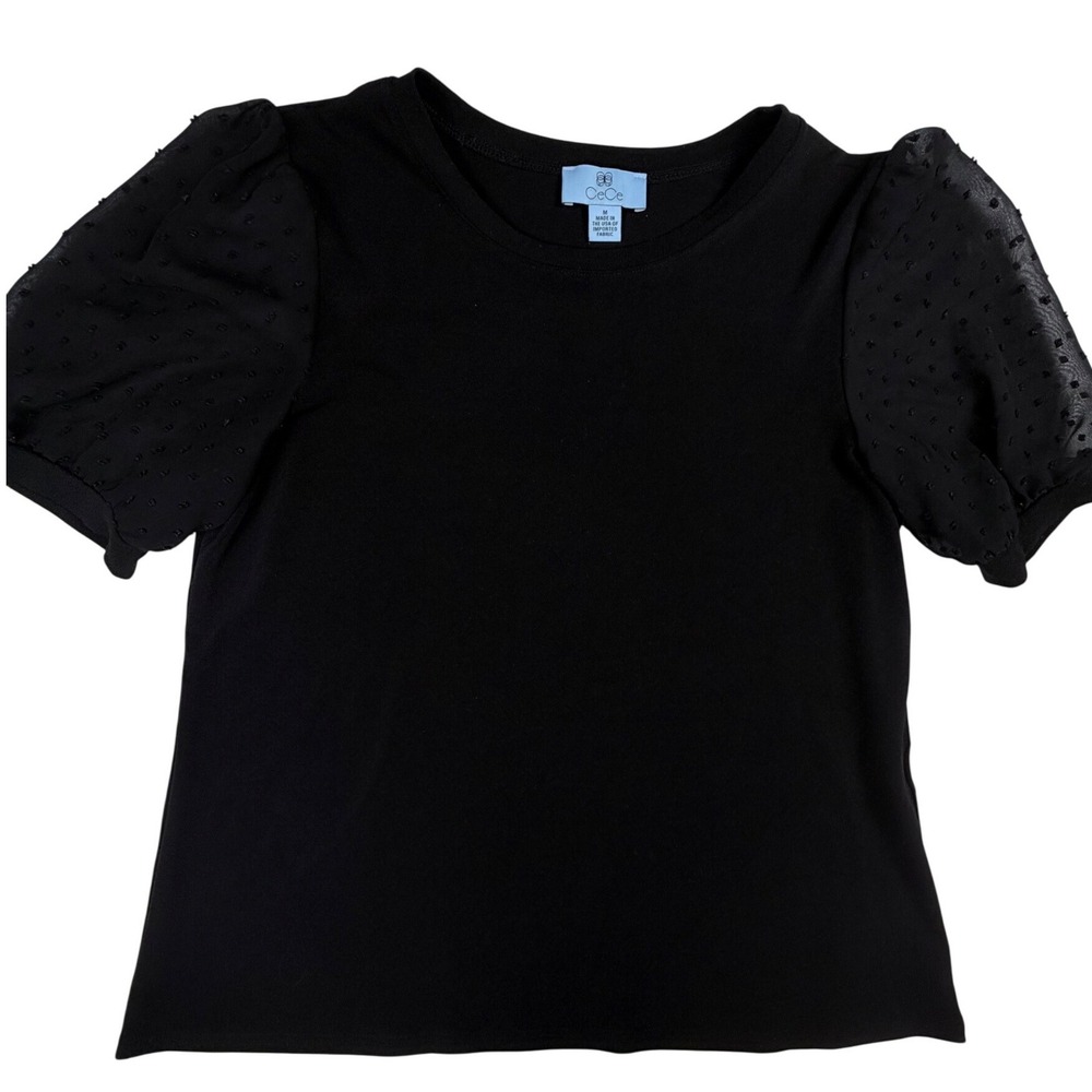 CeCe Womens Black Puff Sheer Clip Dot Short Sleeve Knit Top Crew Neck Medium